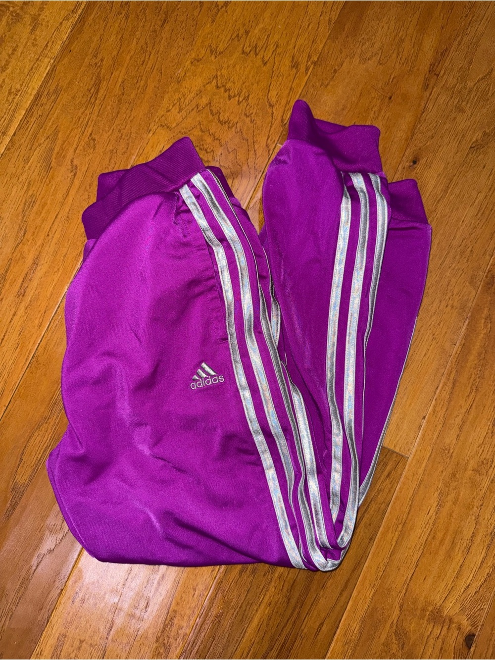 adidas Kids Magenta Track Pants with Silver Stripes sz, 10/12
